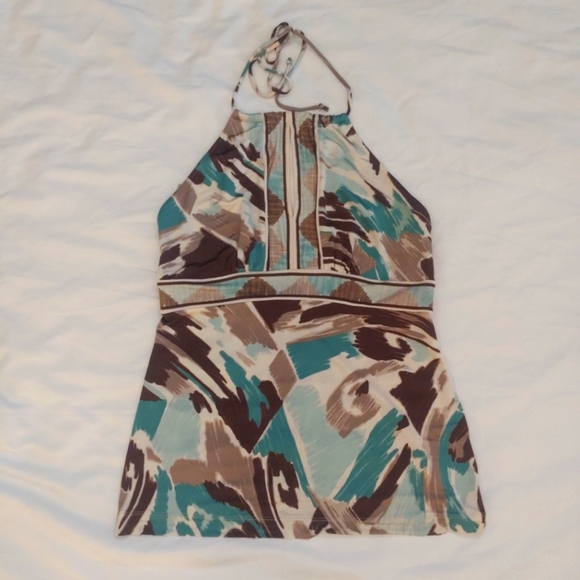 Rare BCBG Maxazria Brown/Teal Print Keyhole Halter Top Women's Size Small - Picture 4 of 8